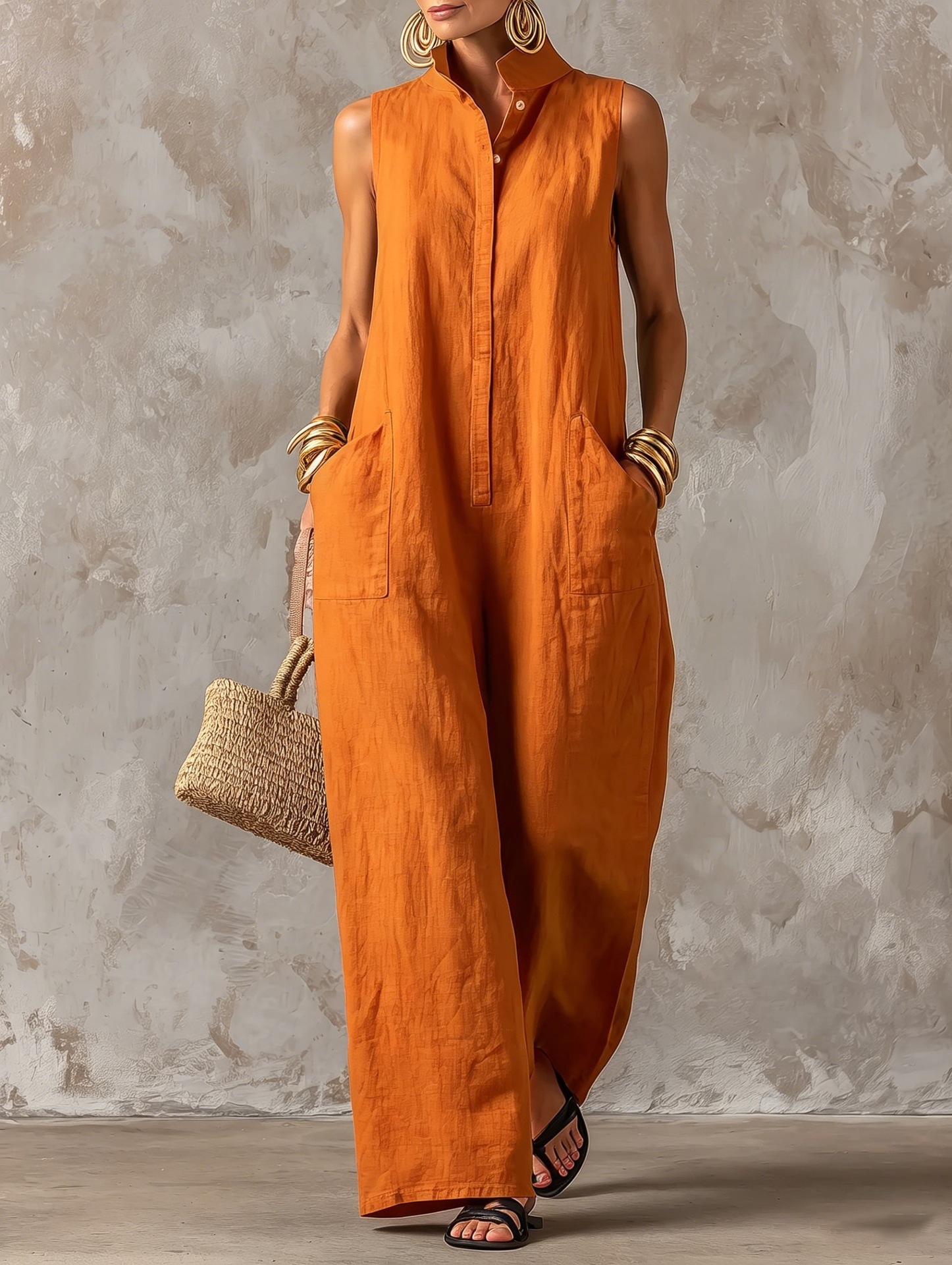 Women's Sleeveless Linen-Blend Jumpsuit with Stand Collar, Button Front, Wide Leg