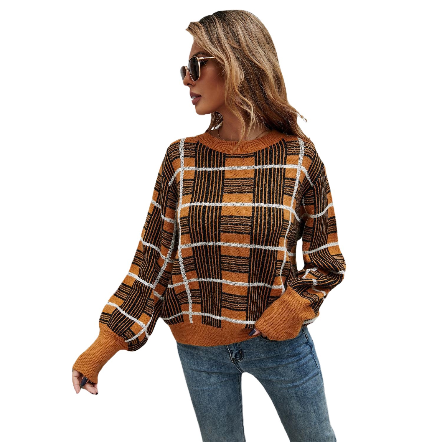 Plaid Pullover Sweater Women's Crewneck Long Sleeve Knit Top