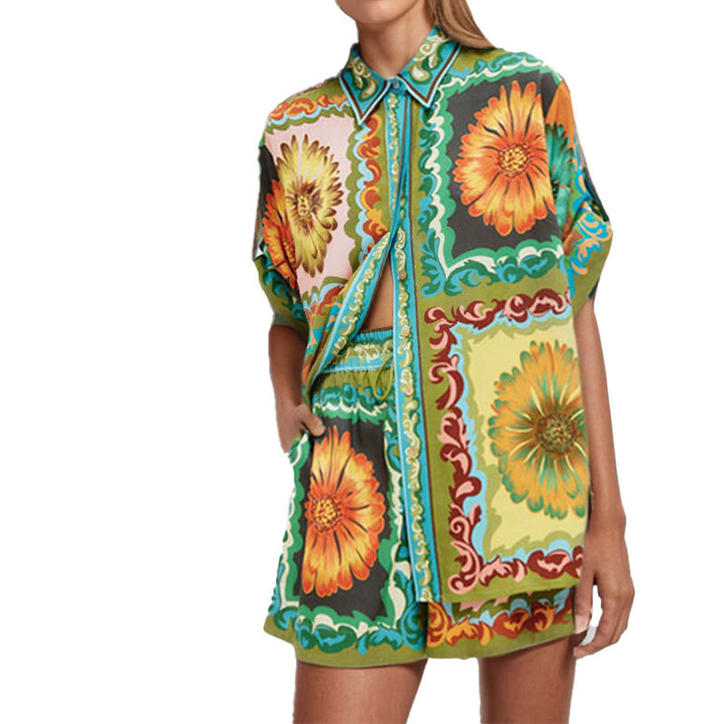 Women's Printed Short Sleeve Shirt and Shorts Two-Piece Set