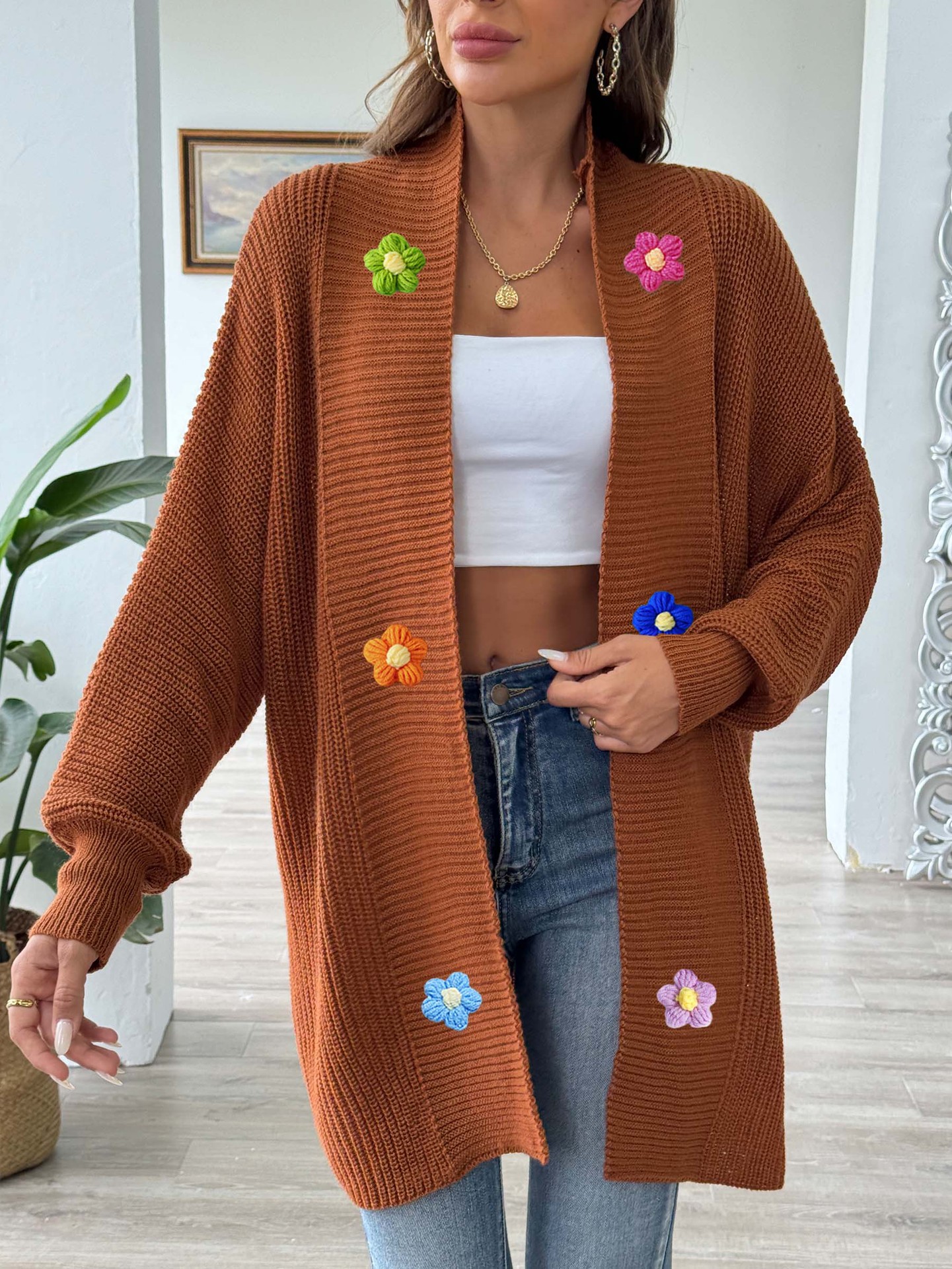 Women's Hand-Crochet Floral Patchwork Loose Cardigan Sweater