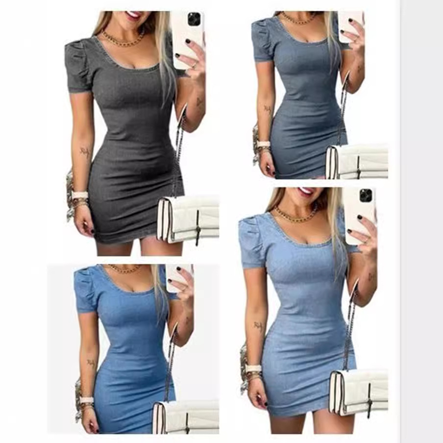 Faux Denim Bodycon Mini Dress with U-Neck and Puff Sleeves