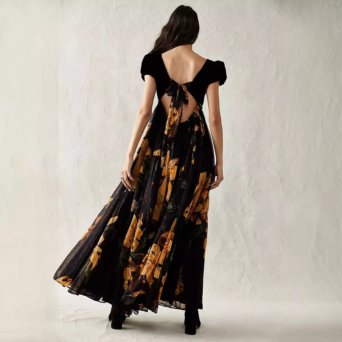 Women's Short Sleeve V-Neck Patchwork Tie-Waist Maxi Dress