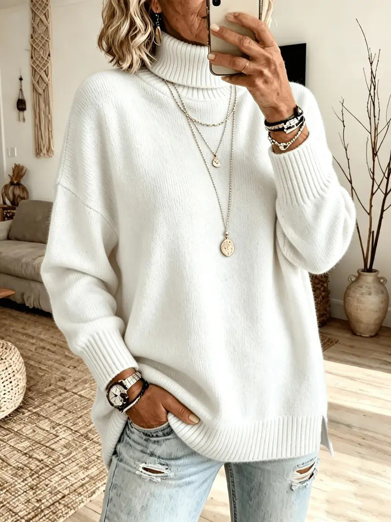 Women's Lazy Pure Color Elegant Slit Loose Turtleneck Knit Sweater