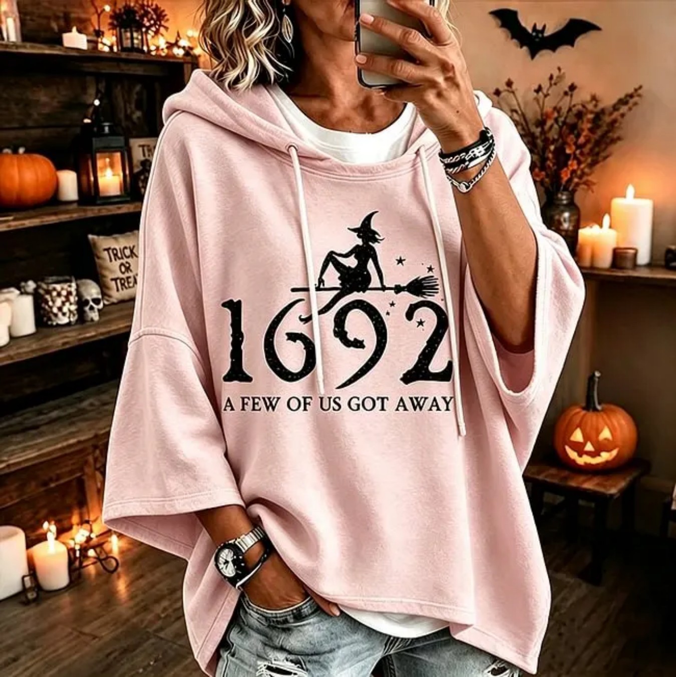 Halloween Witch Broom Flying 1692 Print Hoodie Women's Top