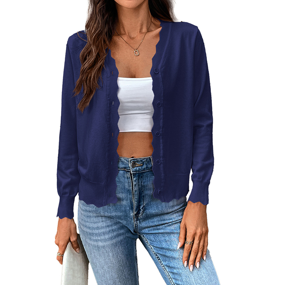V-Neck Long-Sleeve Knit Cardigan Solid Ice Silk Lightweight Women's