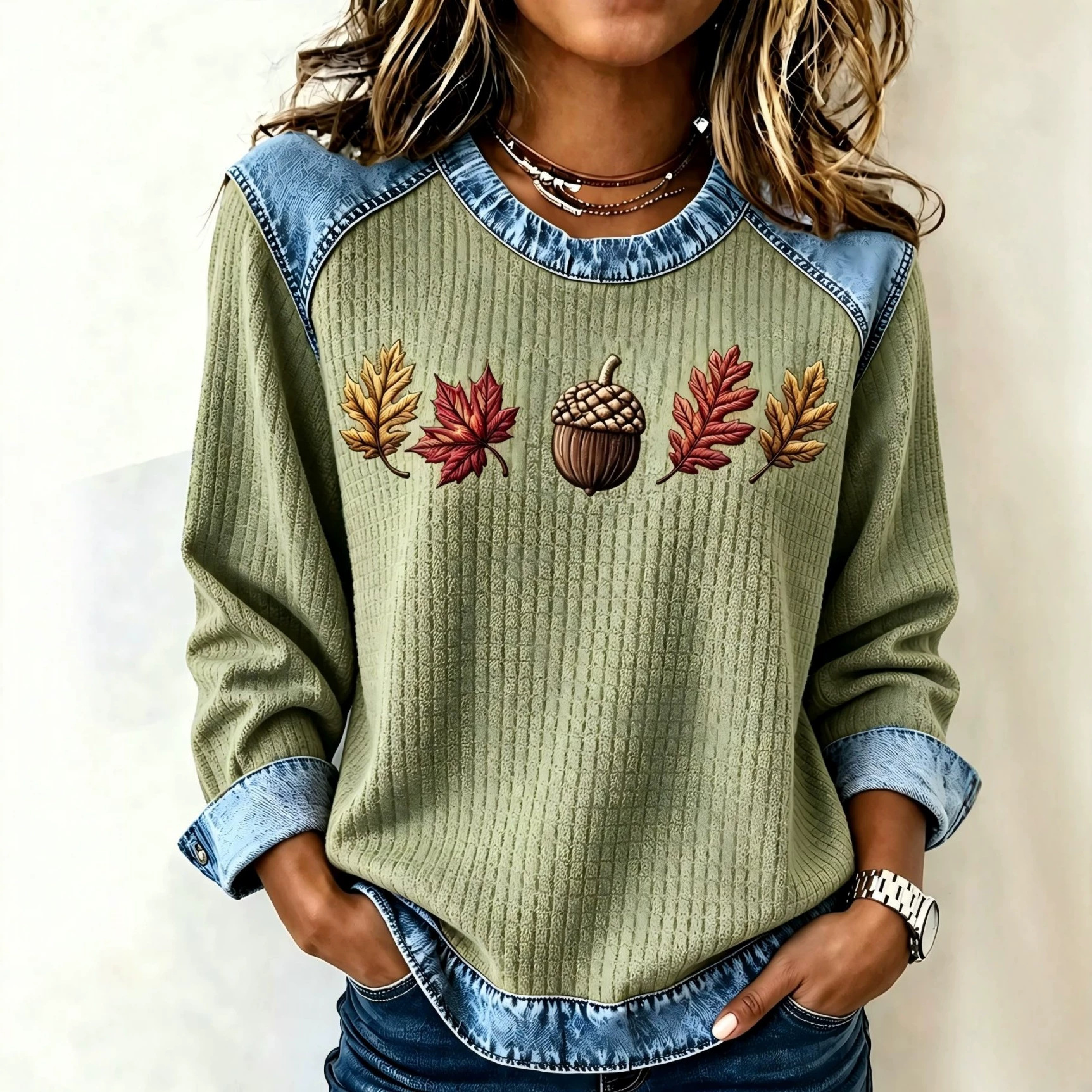 Nut Leaf Maple Print Crewneck Long Sleeve Pullover Sweatshirt