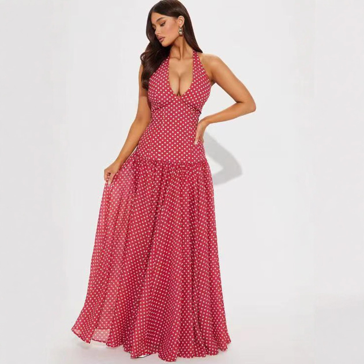 Polka Dot Halter Open Back Slimming Midi Dress