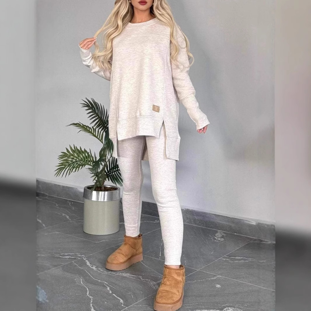 Women's Casual Solid Color Long Sleeve Round Neck Slit Top Set