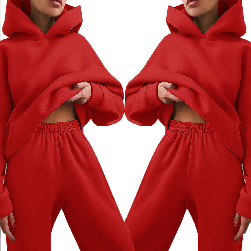 Women's Solid Color Hooded Sweatshirt and Pants Two-Piece Casual Set