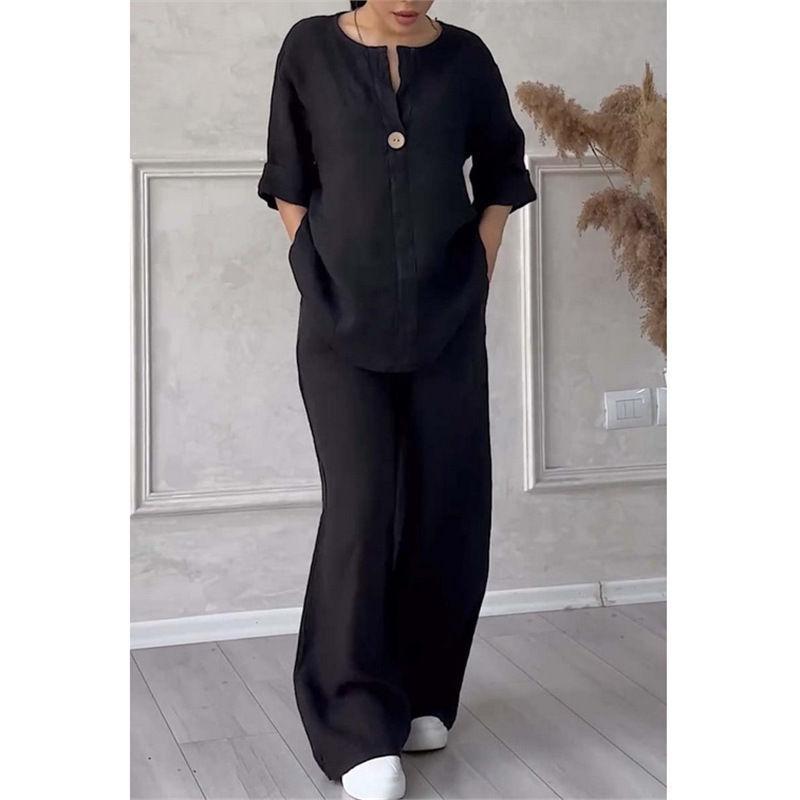Women's Solid Color Short Sleeve Shirt and Long Pants Set Casual Two-Piece Outfit