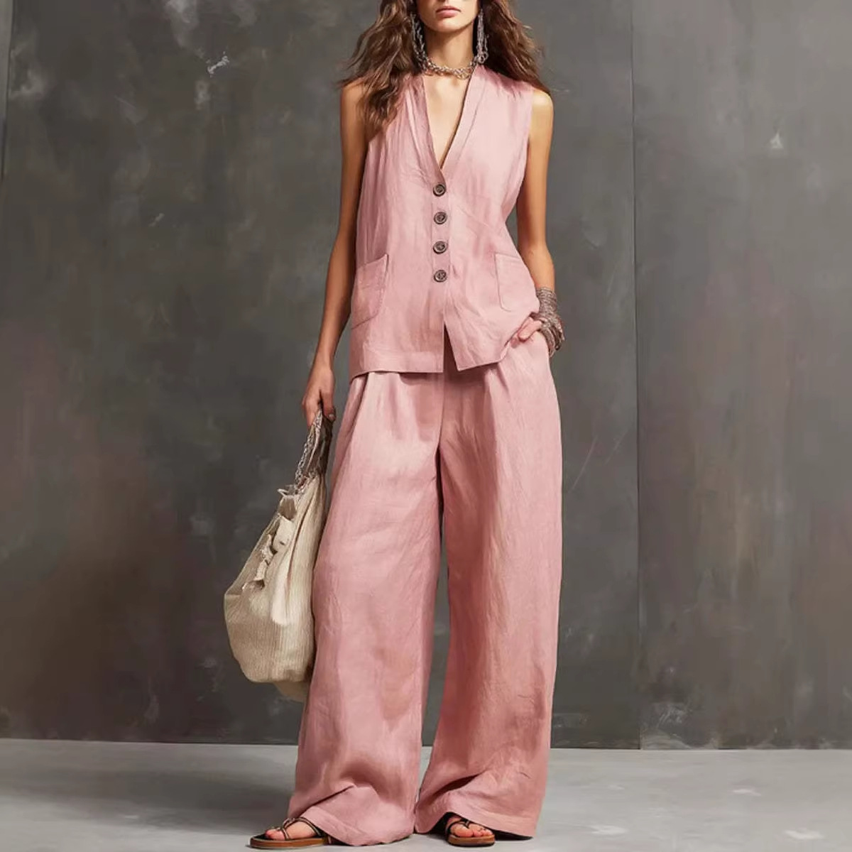Women's V-Neck Button Vest & Wide-Leg Pants Cotton Blend Set