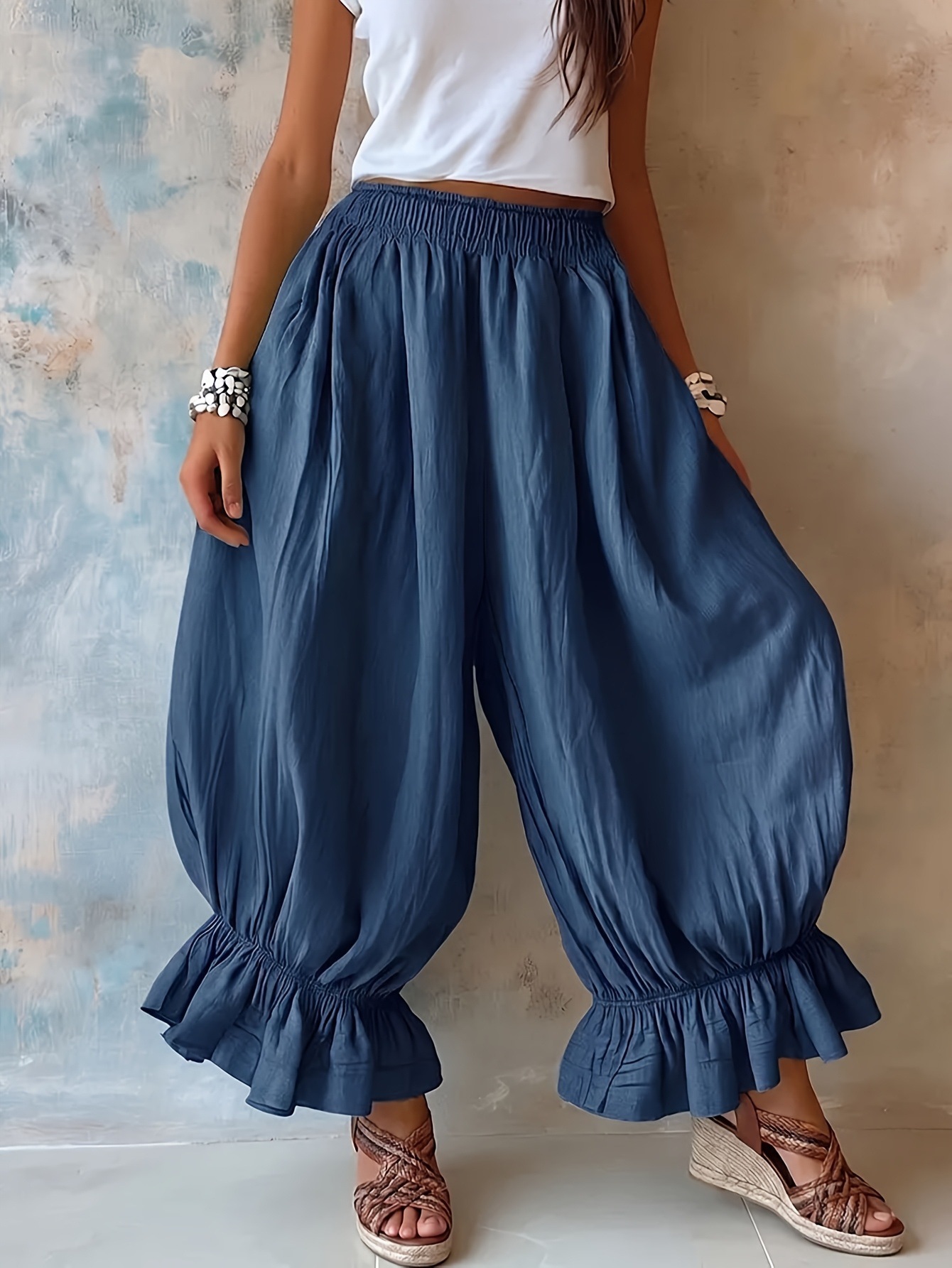 High-Waist Wide-Leg Ruffle Hem Pants for Women