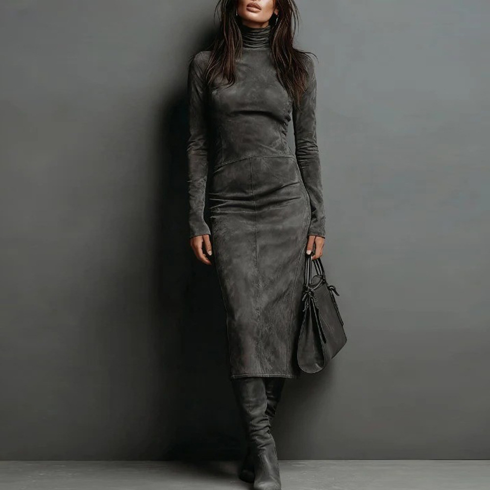 Women's Slim Fit Long Sleeve Bodycon Midi Dress Half Turtleneck