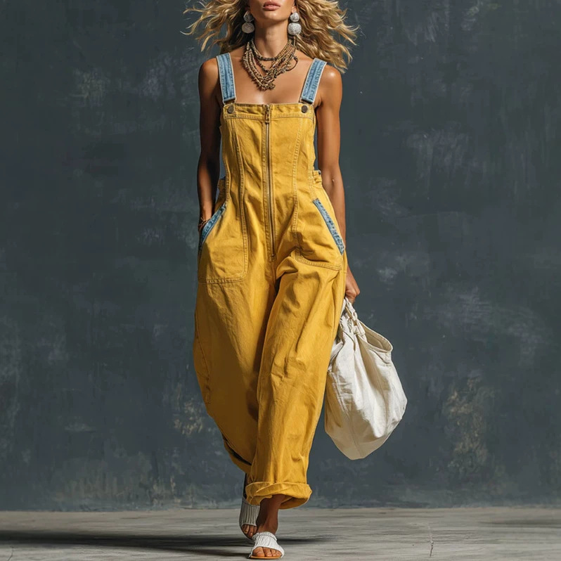 Western Vintage Blue Yellow Vest Style Zip Jumpsuit