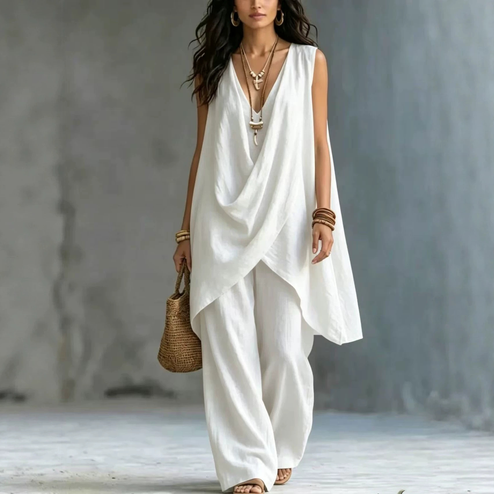 Women's Sleeveless Stand Collar Cotton Linen Two-Piece Set