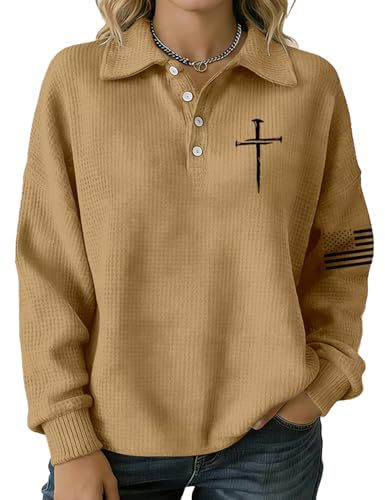 Women's Cross & American Flag Print Button Sweatshirt