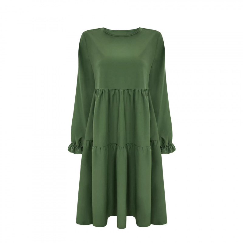 Puff Sleeve Tiered Midi Dress Round Neck Long Sleeve Solid Color
