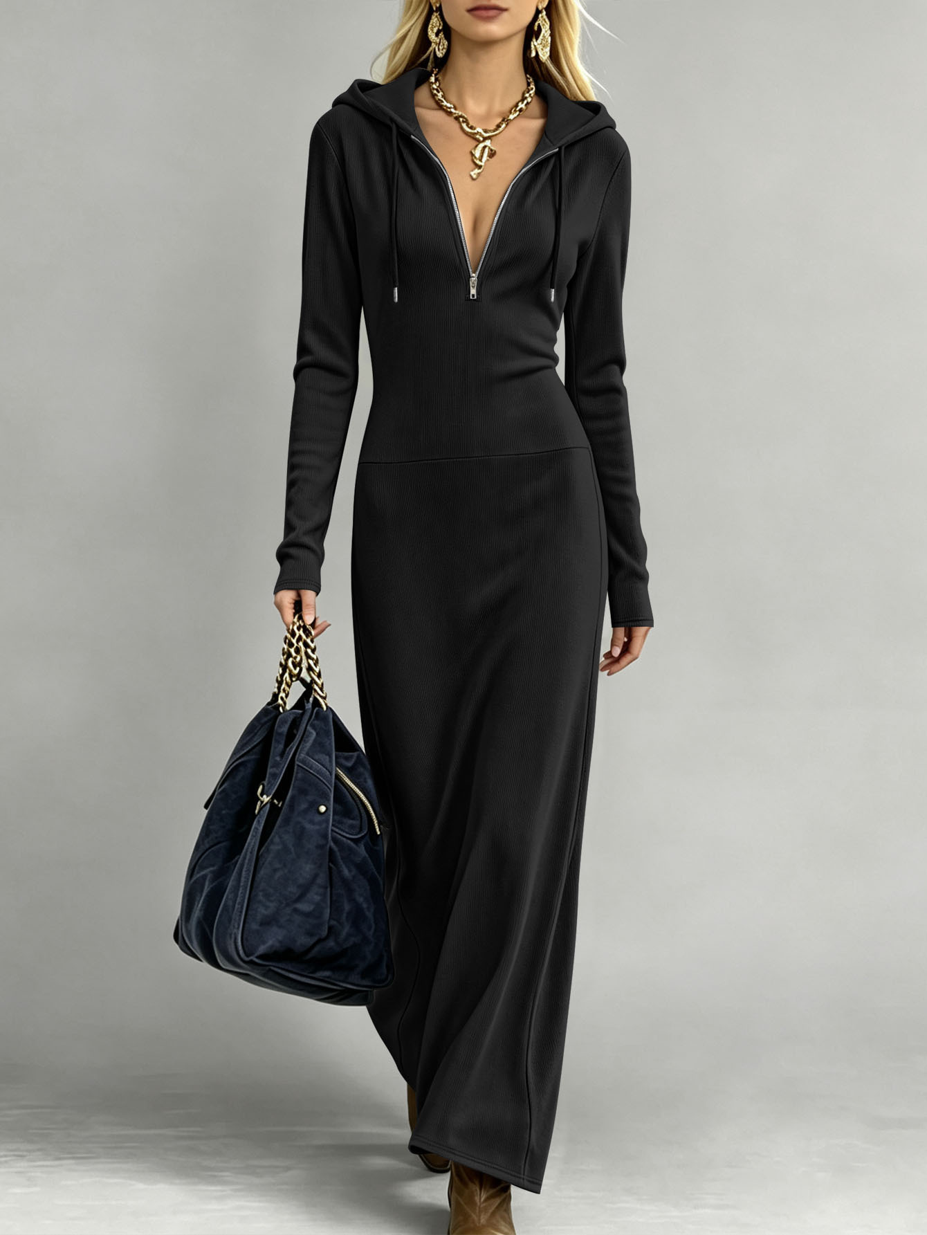 Hooded Half-Zip Long Sleeve Maxi Dress Slimming Casual