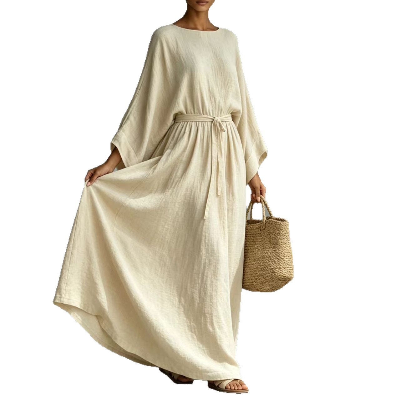 Lazy Style Cotton-Linen Tie-Waist Wide-Sleeve Maxi Dress
