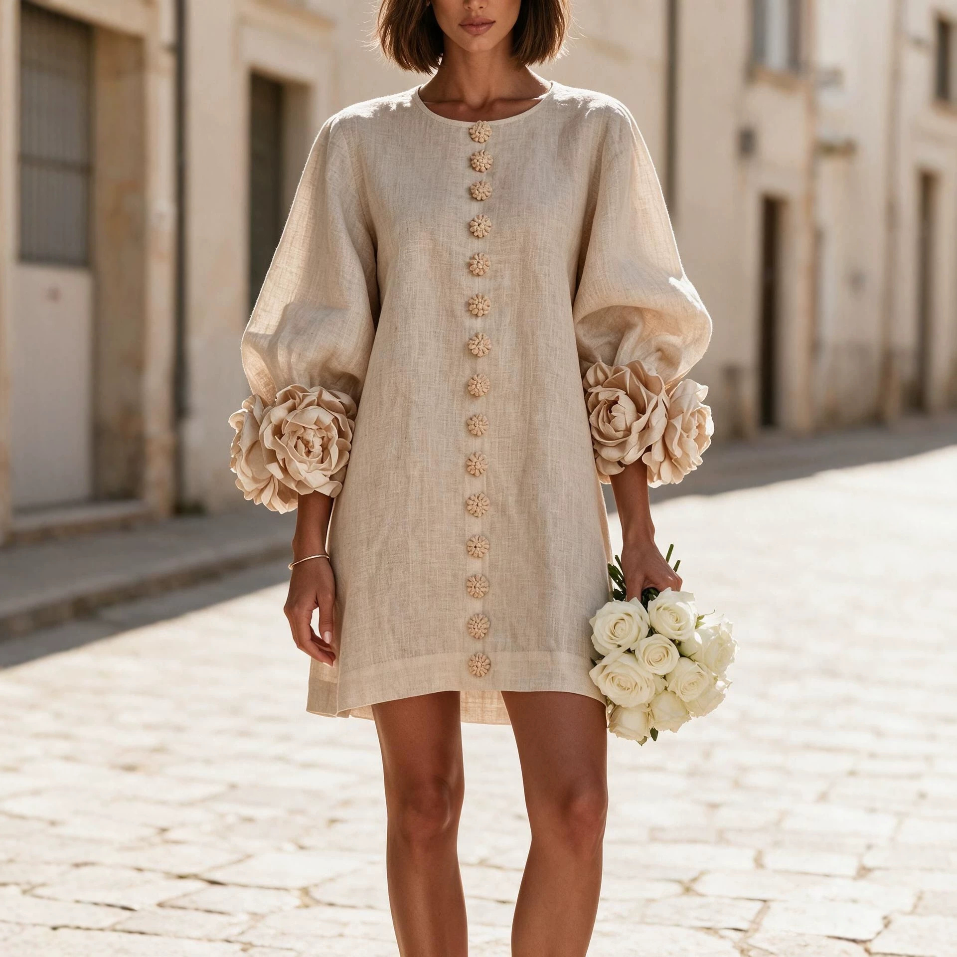 French 3D Floral Lantern Sleeve Dress