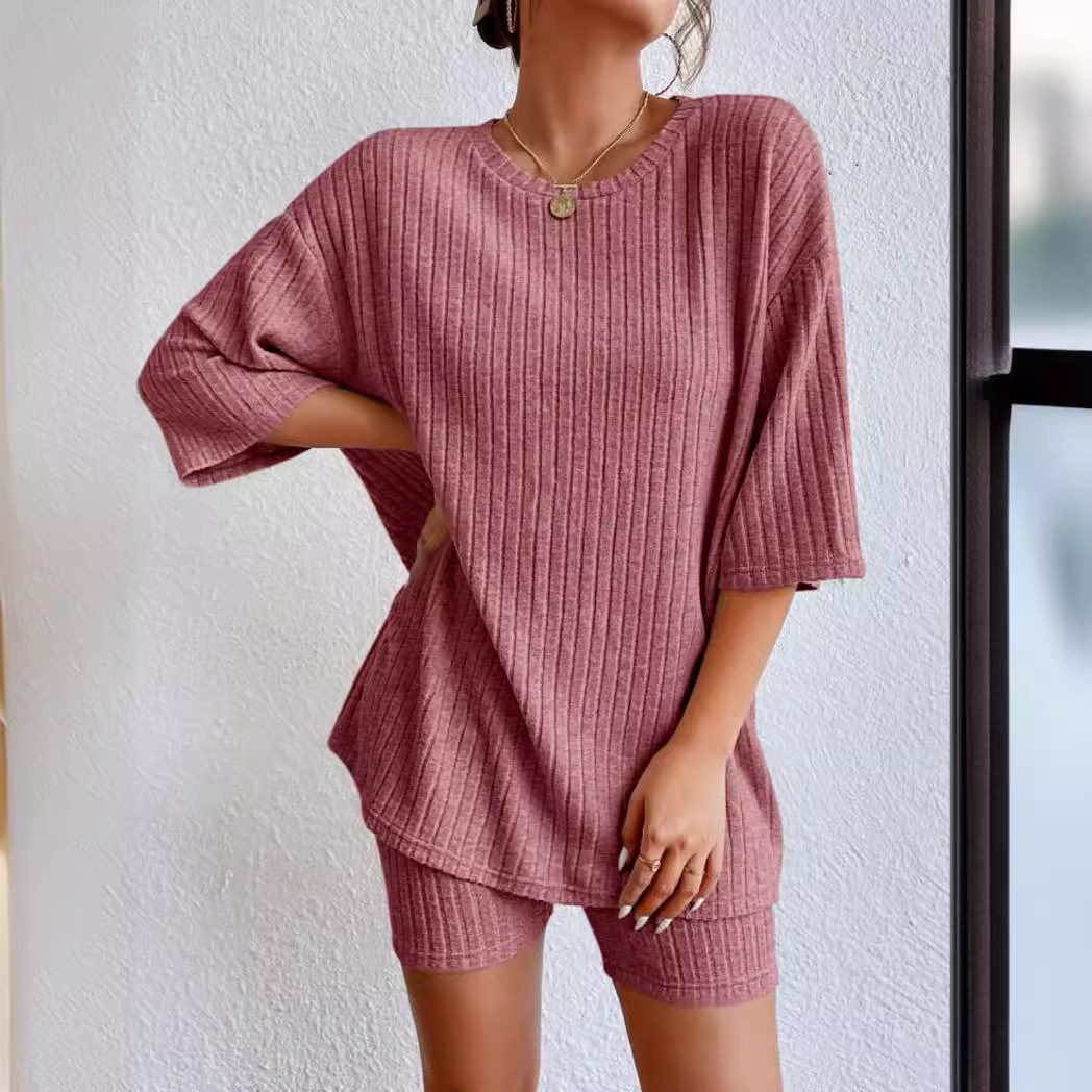 Women's Solid Color Round Neck Loose Shorts Set