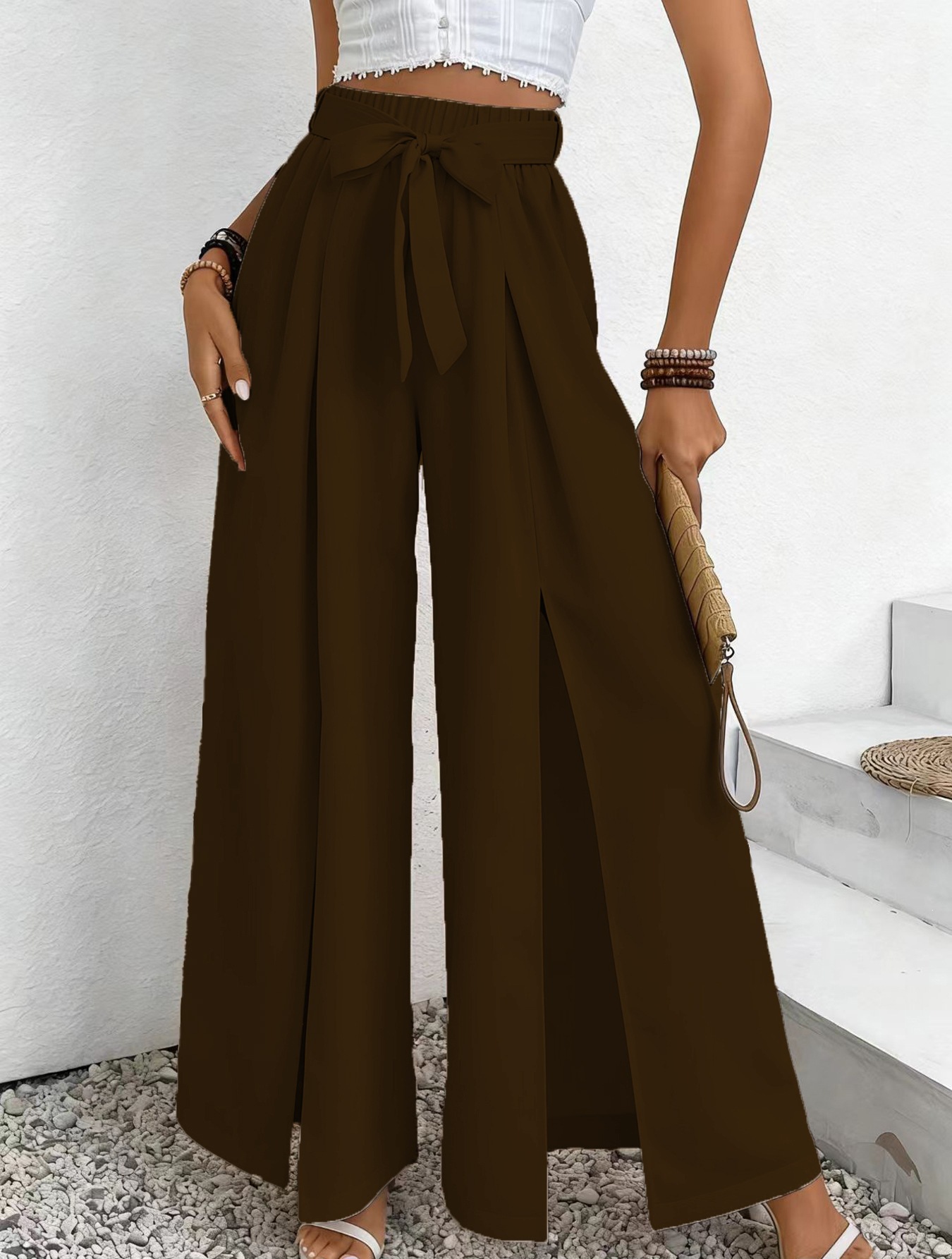 High-Waist Tie-Front Split Wide-Leg Pants with Elastic Waist