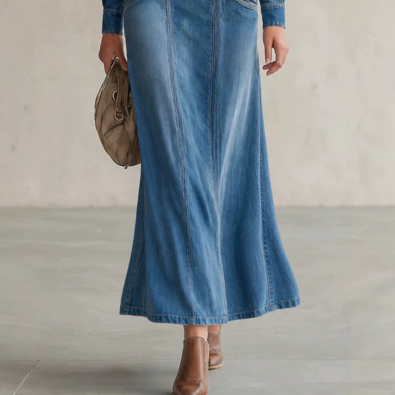 Retro Washed Denim Long Sleeve Double-Breasted Long Dress
