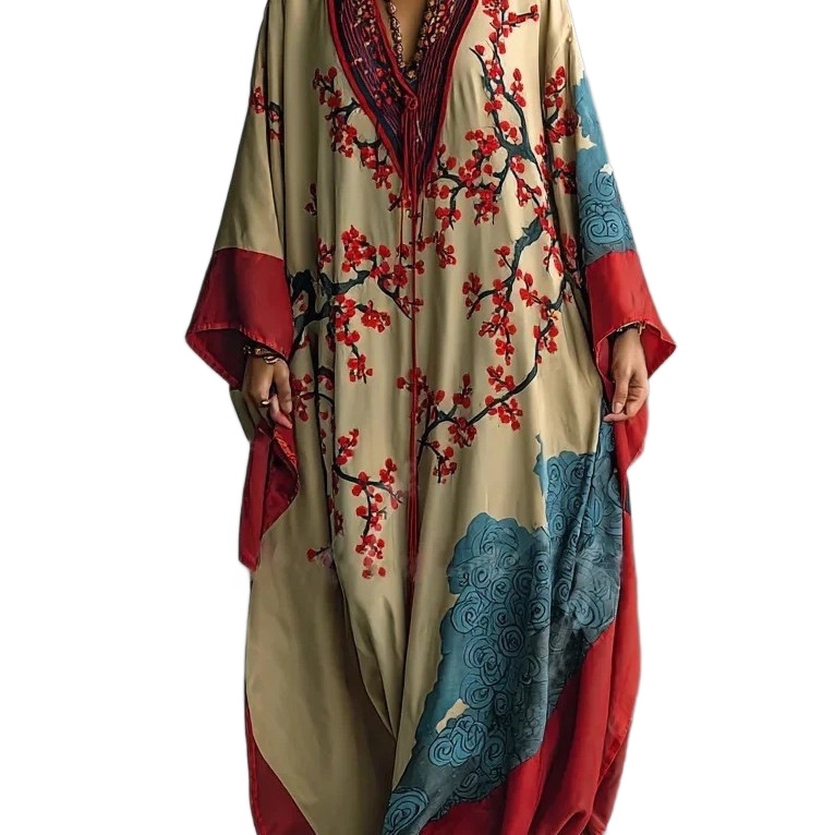 Floral Print V-Neck Bell Sleeve Long Robe Loose Loungewear