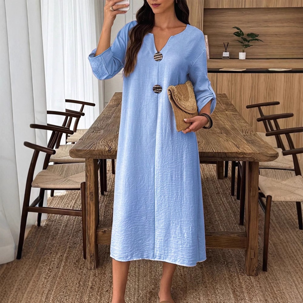 Women's Casual V-Neck Long Sleeve Cotton-Blend Solid Color Long Dress
