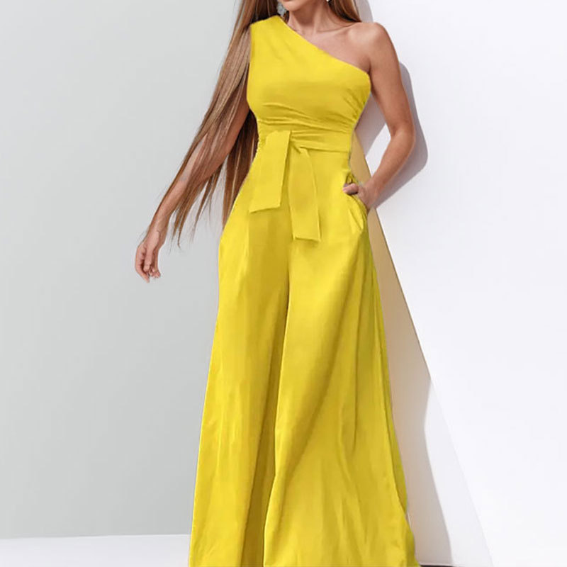 Women's Solid V-Neck Slim Waist Wide-Leg Jumpsuit