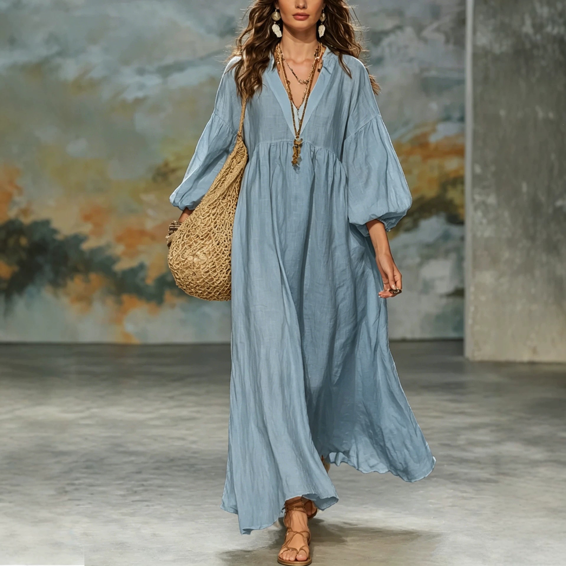 Boho Deep V Lantern Sleeve Maxi Dress