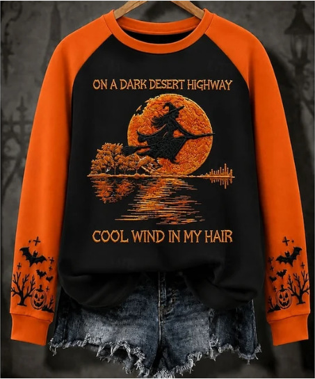 Halloween Witch Print Crewneck Long-Sleeve Pullover Sweatshirt