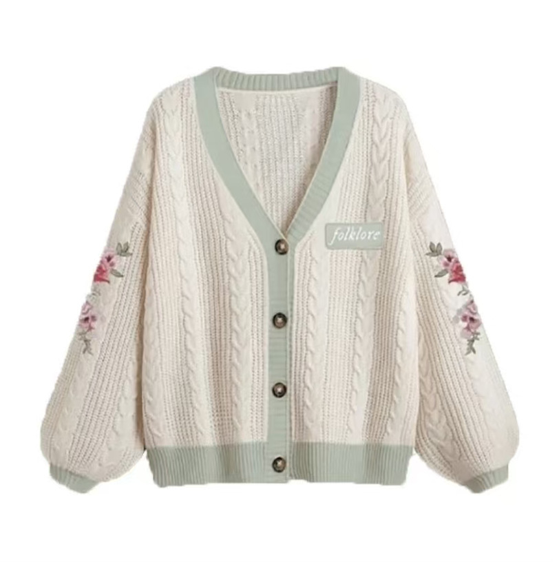 Leaf Embroidered Lantern Sleeve Loose Knit Cardigan