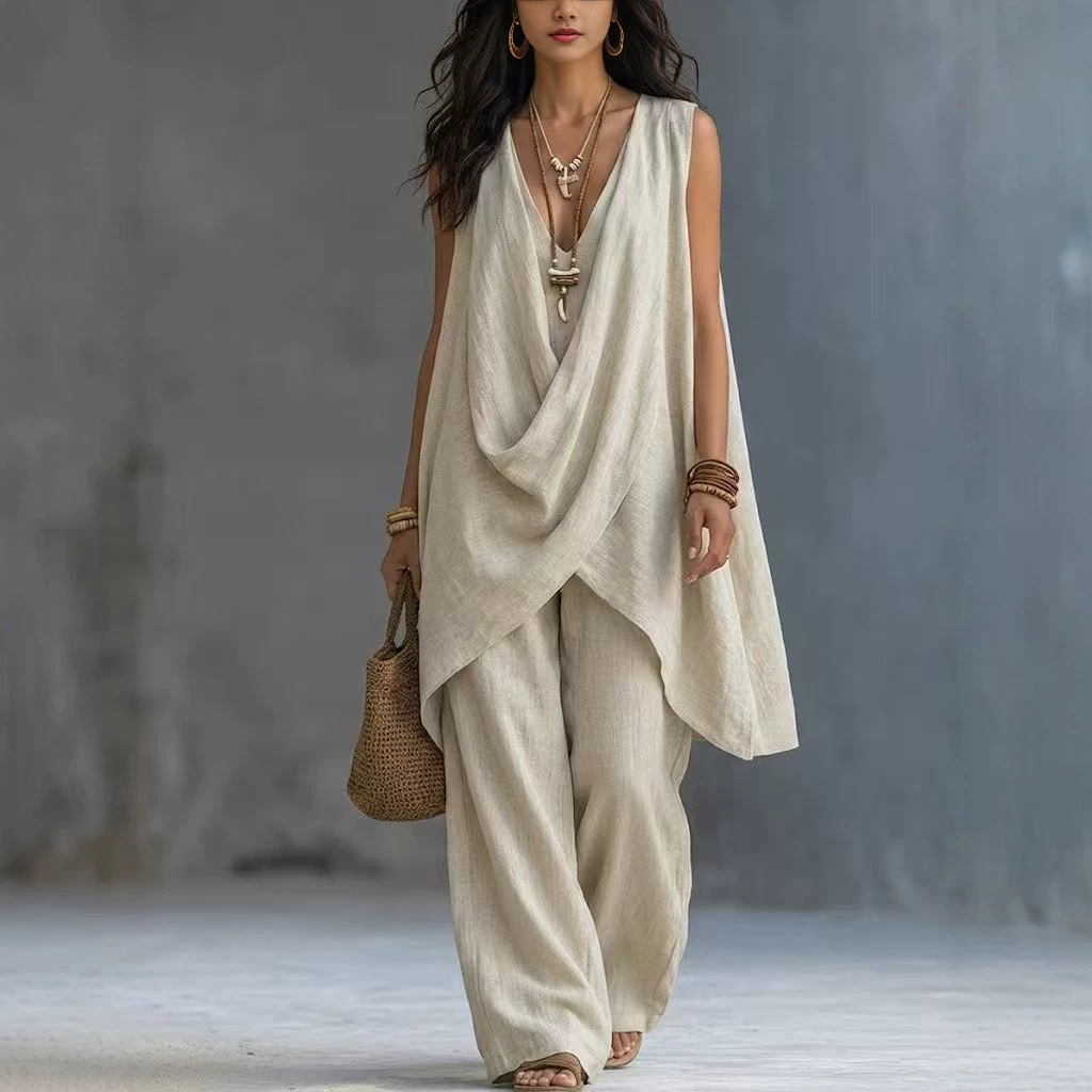 Women's Sleeveless Cross V-Neck Loose Top and Wide-Leg Pants Two-Piece Set
