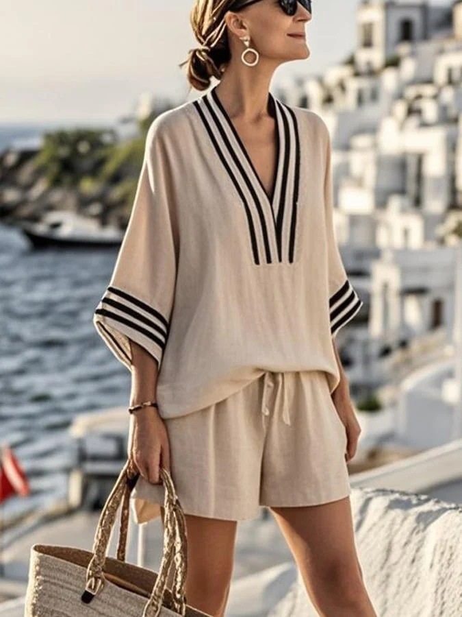 Colorblock Striped Short Sleeve T-Shirt and Shorts Set