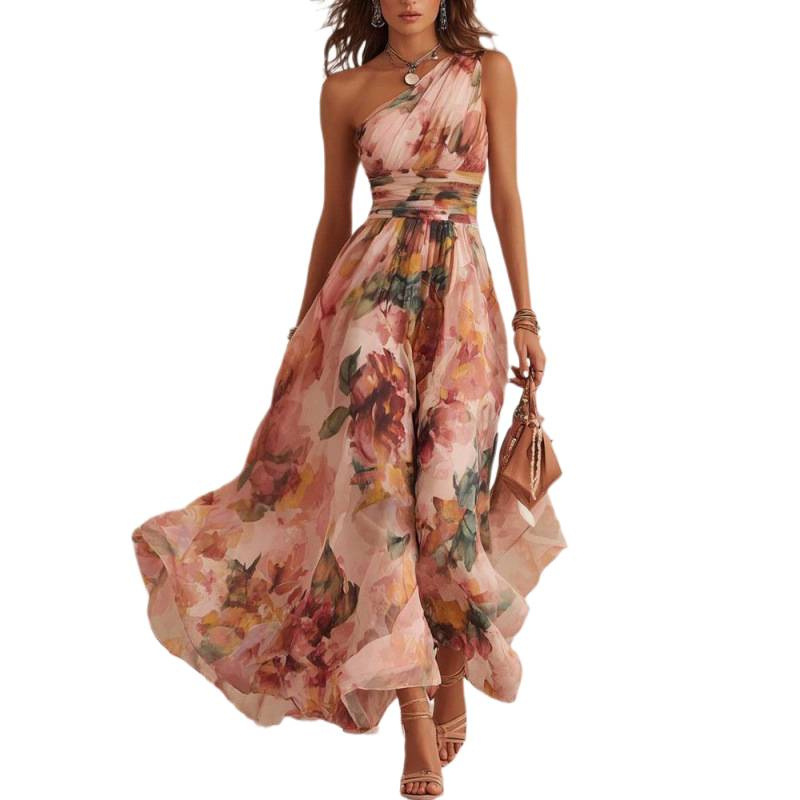 Digital Print One-Shoulder Sleeveless A-Line Midi Dress