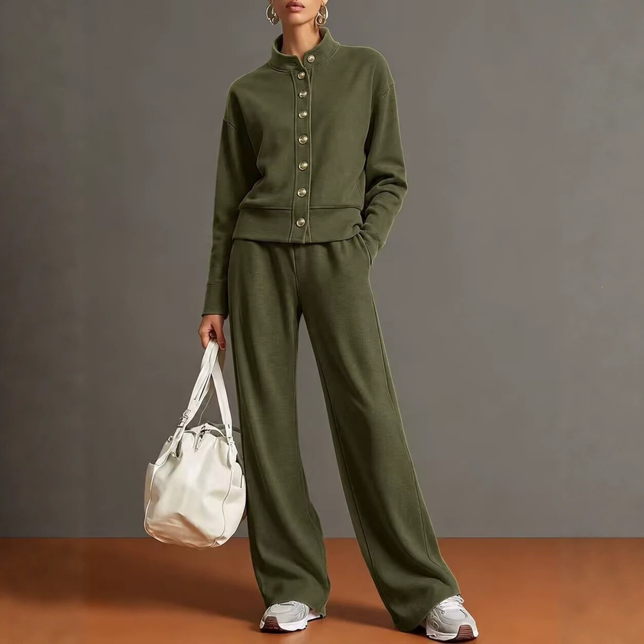 Solid Stand Collar Cardigan Hoodie & Wide-Leg Pants Set