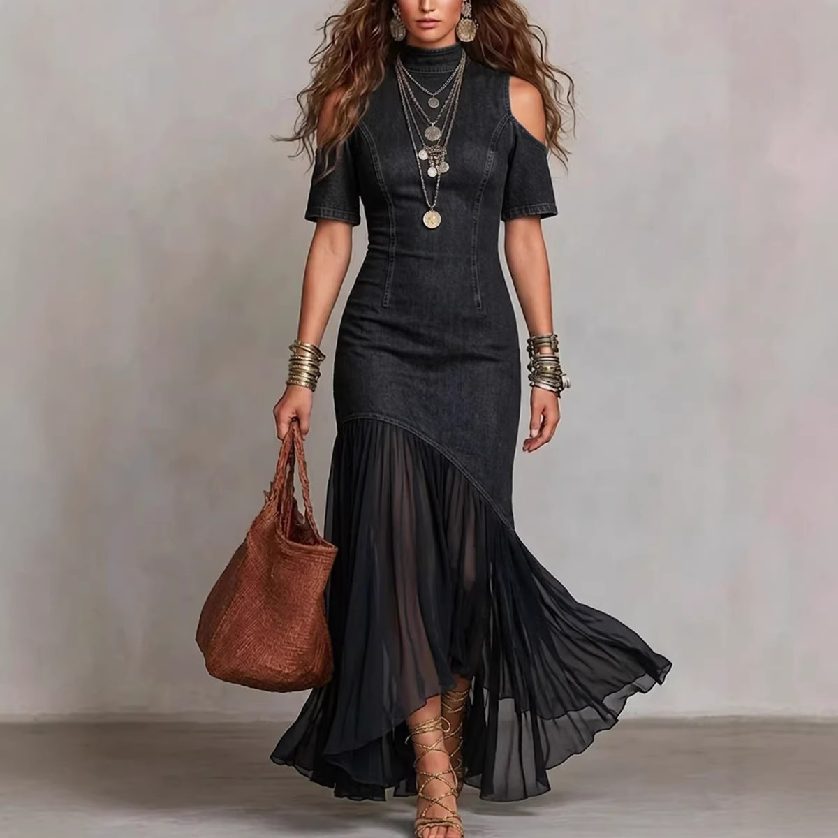 Off-Shoulder Short Sleeve French Mesh Hem Dress