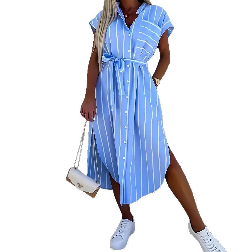Striped Short Sleeve Button-Front Midi Shirt Dress
