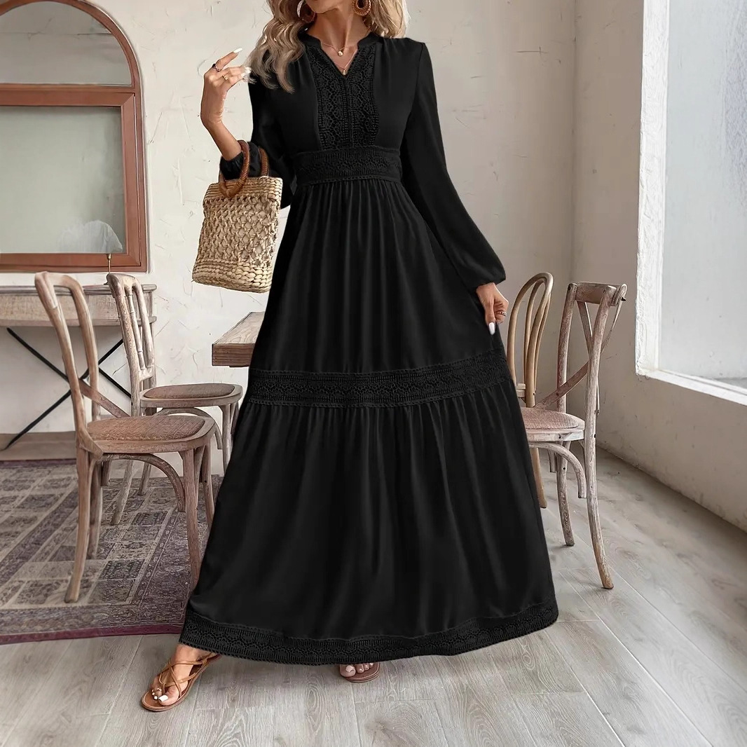 Elegant Lantern Sleeve Lace Cutout Maxi Dress with Full Skirt