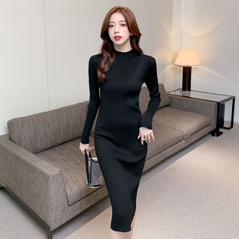 Women's Long Sleeve Knit Dress Slim Fit A-Line Midi