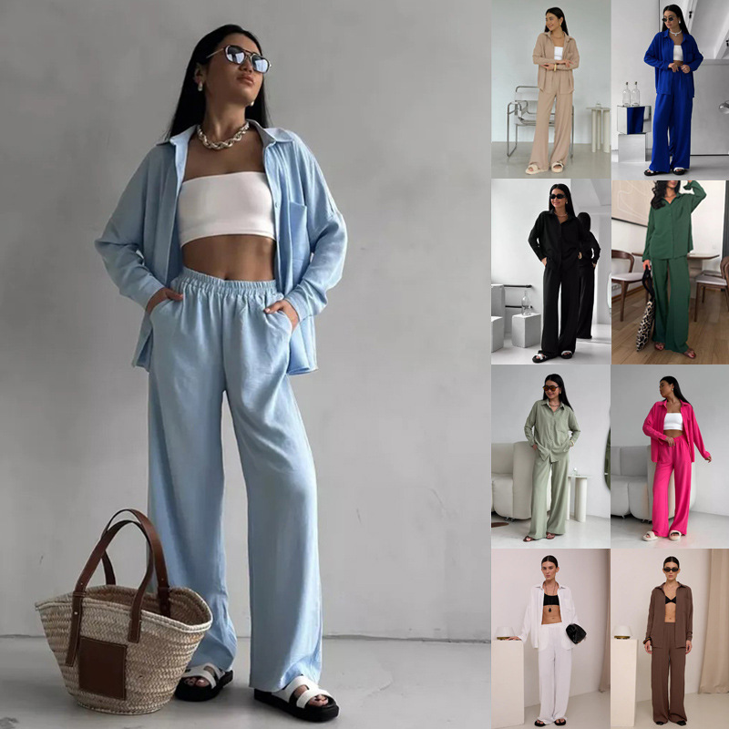 Women's Solid Color Cardigan and Wide-Leg Pants Set with Pockets