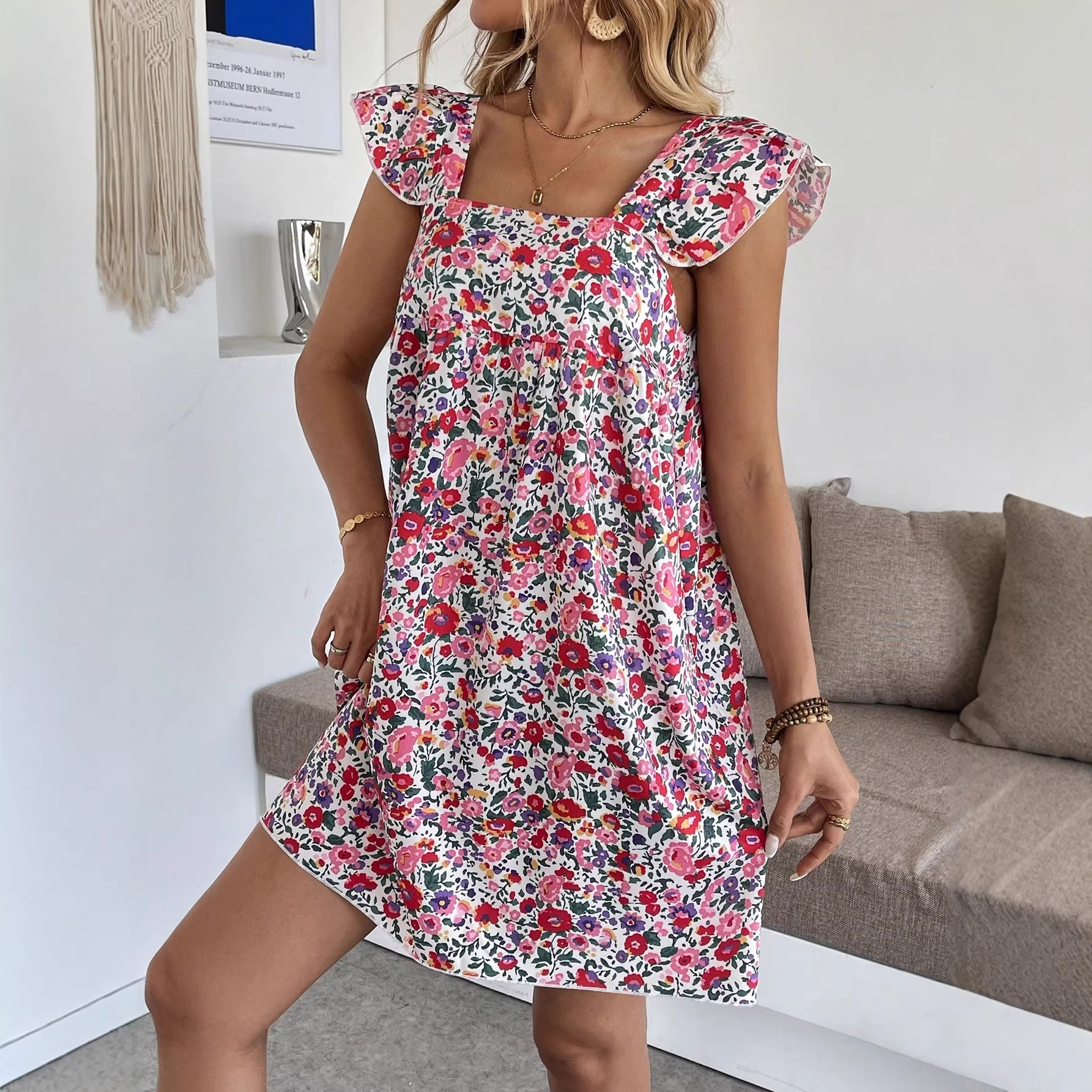 Boho Floral Square-Neck Dress with Flutter Sleeves