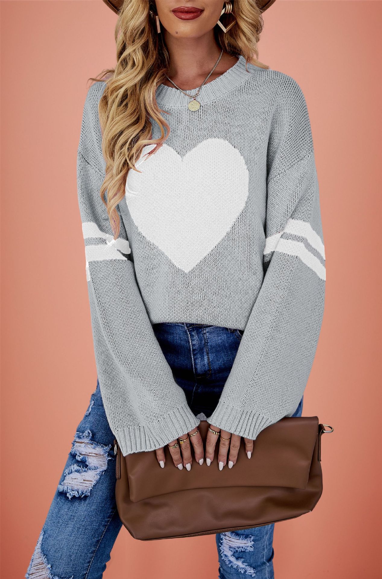 Color-Block Heart Crewneck Knit Sweater