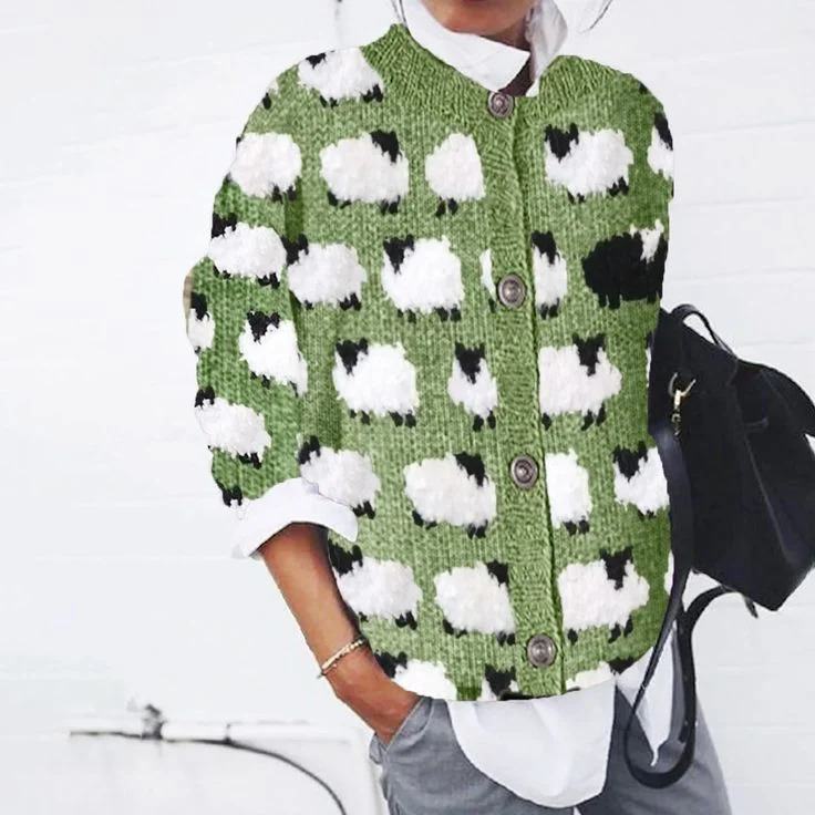 Pattern Print Round Neck Soft Knit Sweater Casual Cardigan