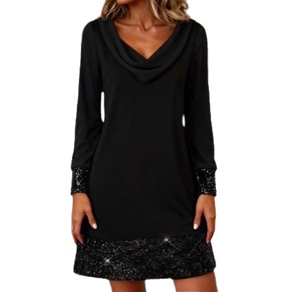 Women's Wave Cowl Neck Long Sleeve Mesh Sequin Party Dress