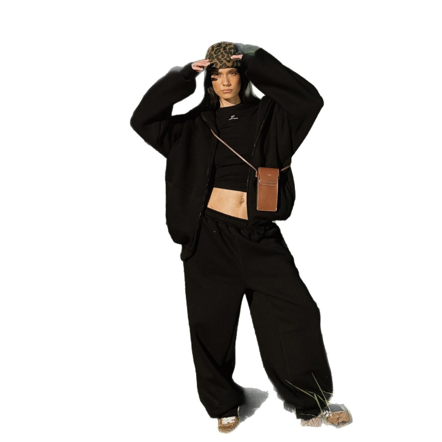 Women's Solid Color Hooded Cardigan Sweatshirt and Elastic Waist Pants Two-Piece Set