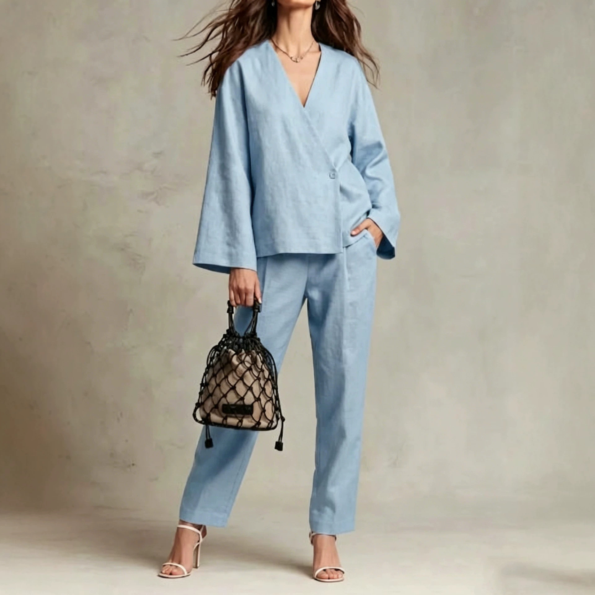 Women's Linen-Blend Button-Front Cardigan and Wide-Leg Pants Set
