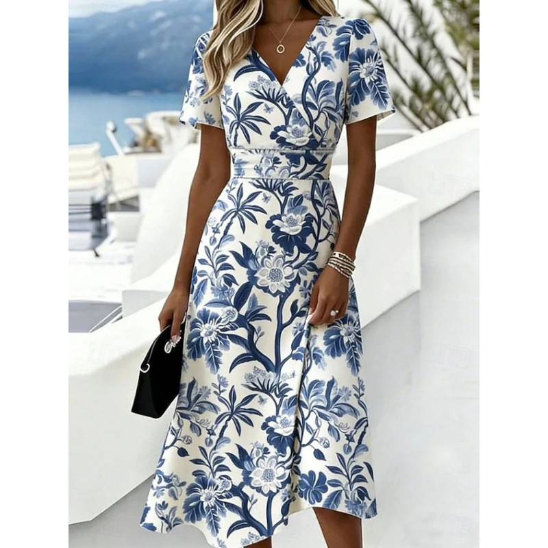 3D Vintage Floral Short Sleeve V-Neck Midi Dress with Flared Skirt