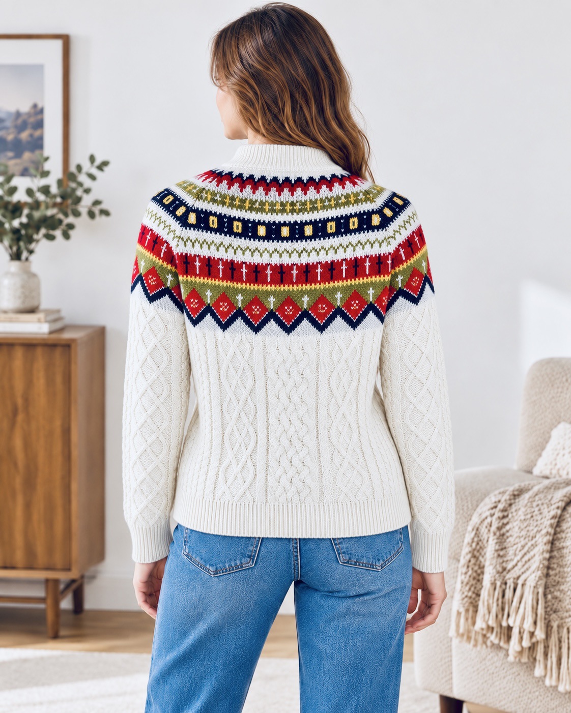 Fair Isle Jacquard Cable Knit Half-Turtleneck Sweater Women Loose Pullover